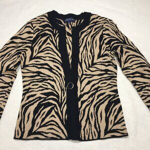 Jones New York Signature  Metallic Gold Black Zebra Print Cardigan